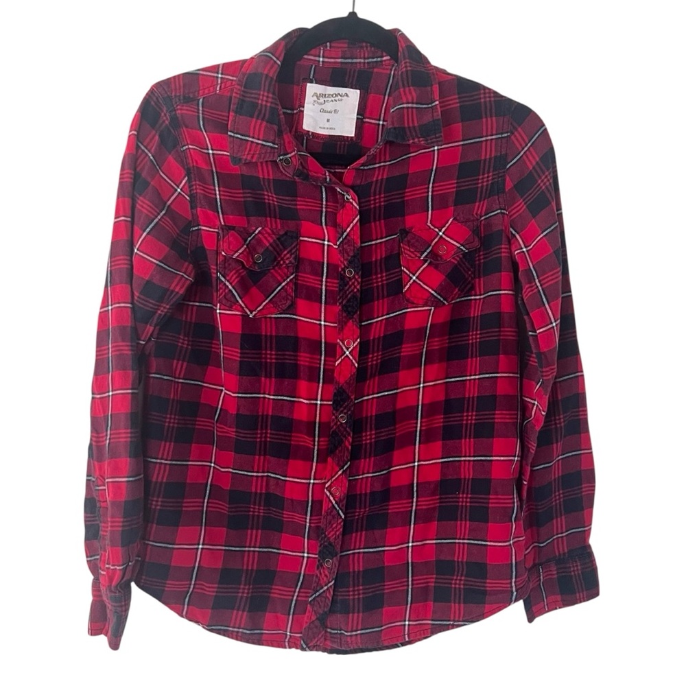 Arizona Jeans Co Red Plaid Button Up Classic Fit Womens Top Size Medium
